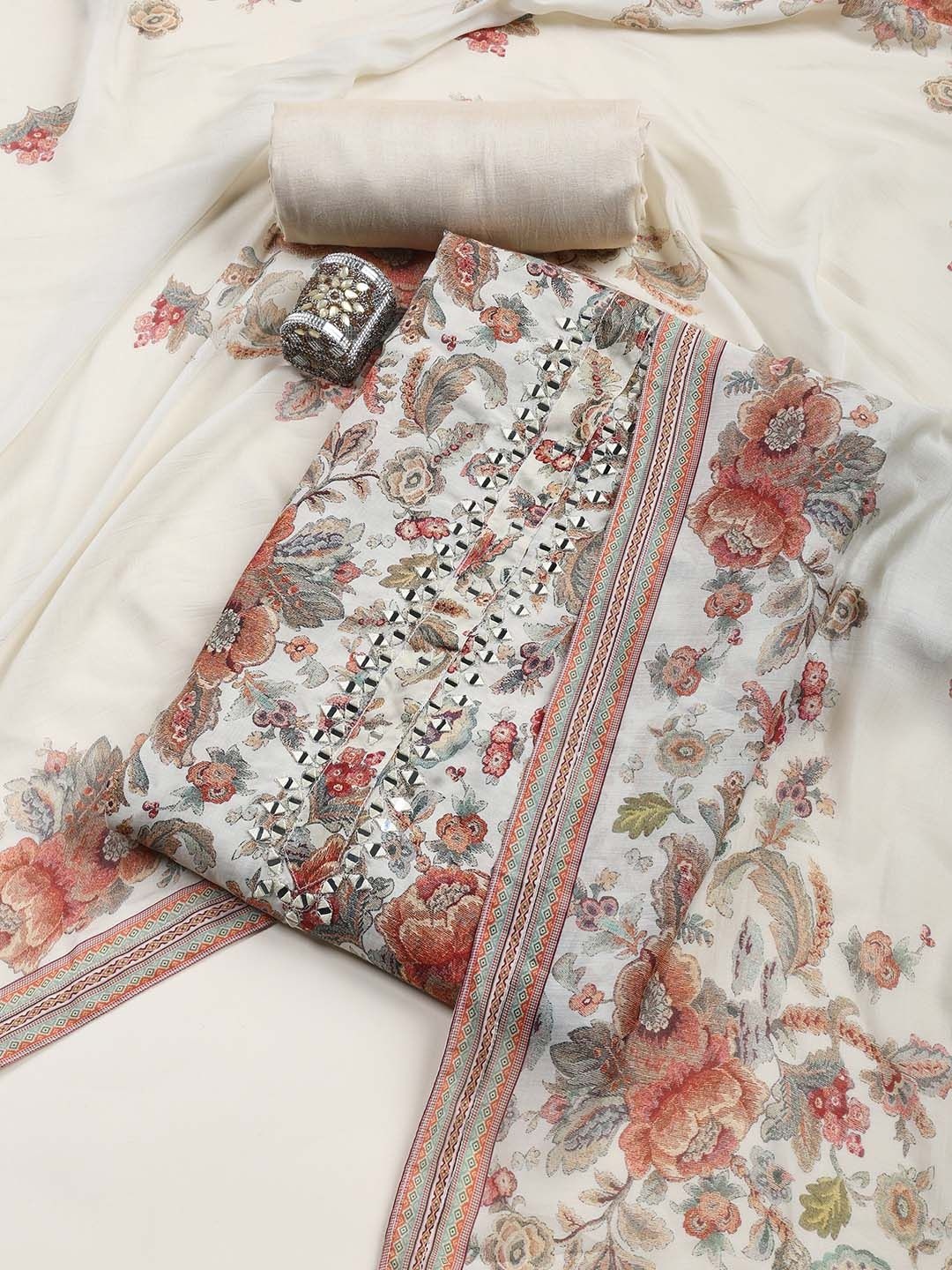 

Meena Bazaar Printed Art Silk Unstitched Dress Material, Beige