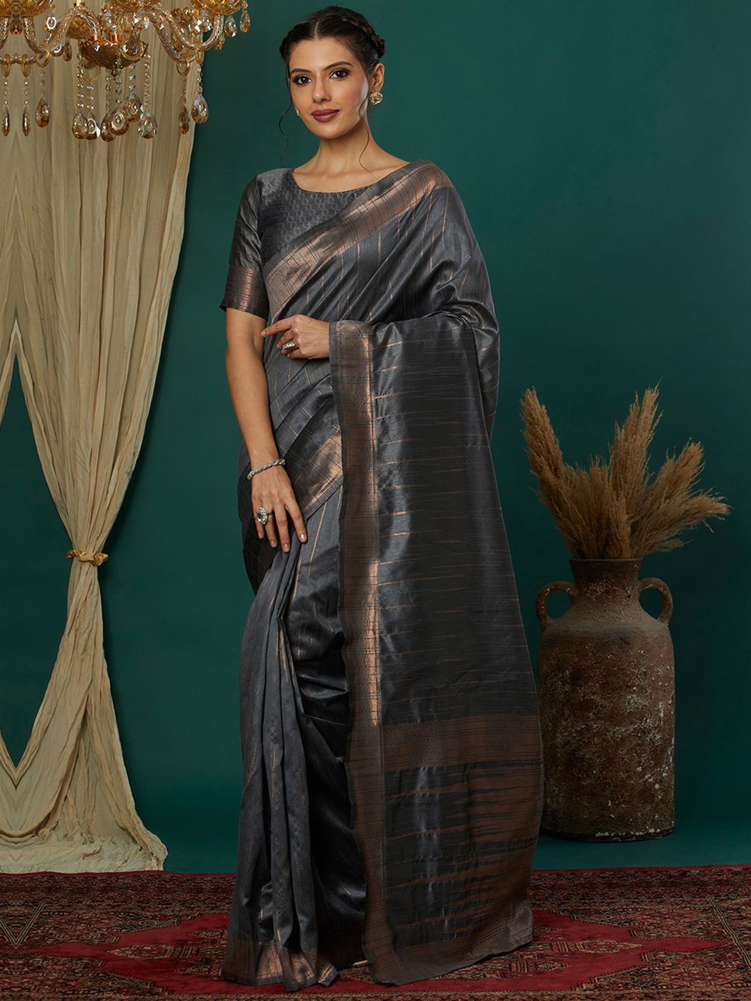 

Mitera Woven Design Zari Saree, Grey