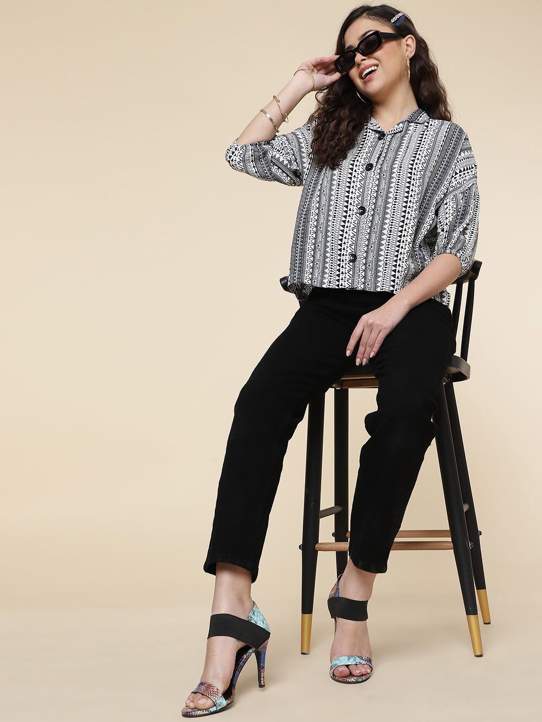 

FASHVERSE Women Printed Shirt Style Crop Top, White