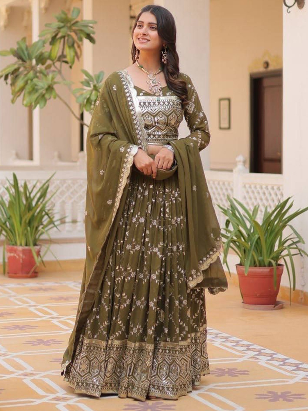 

KALINI Embroidered Ready to Wear Lehenga & Blouse With Dupatta, Green