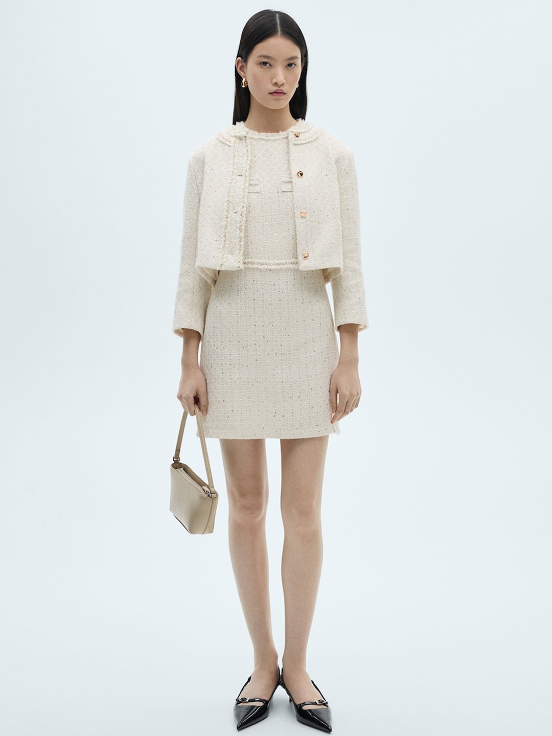 

MANGO Women Tweed Crop Tailored Blazer, Beige