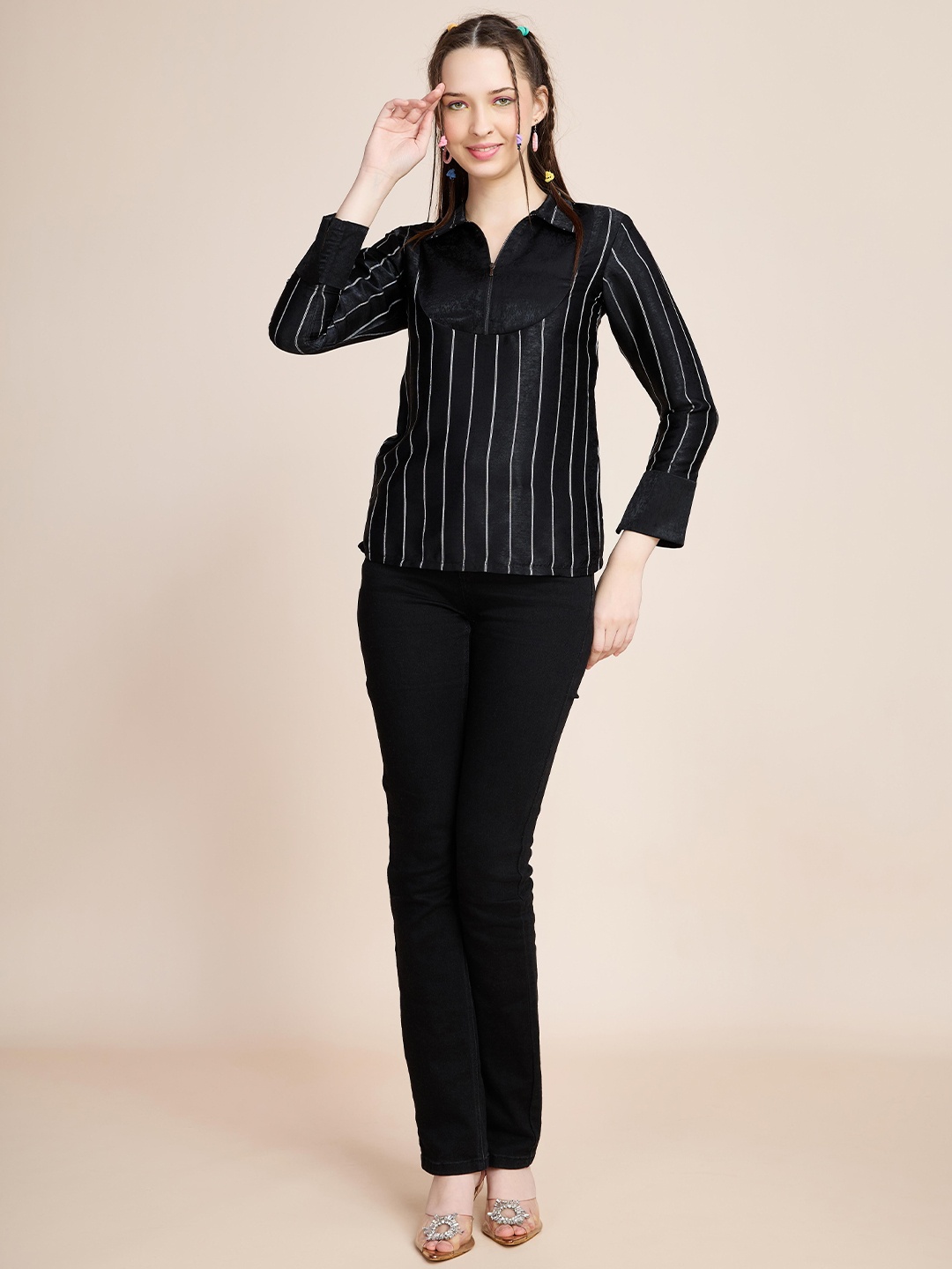 

BOONS n PERKKS Women Striped Cuffed Sleeves Top, Black