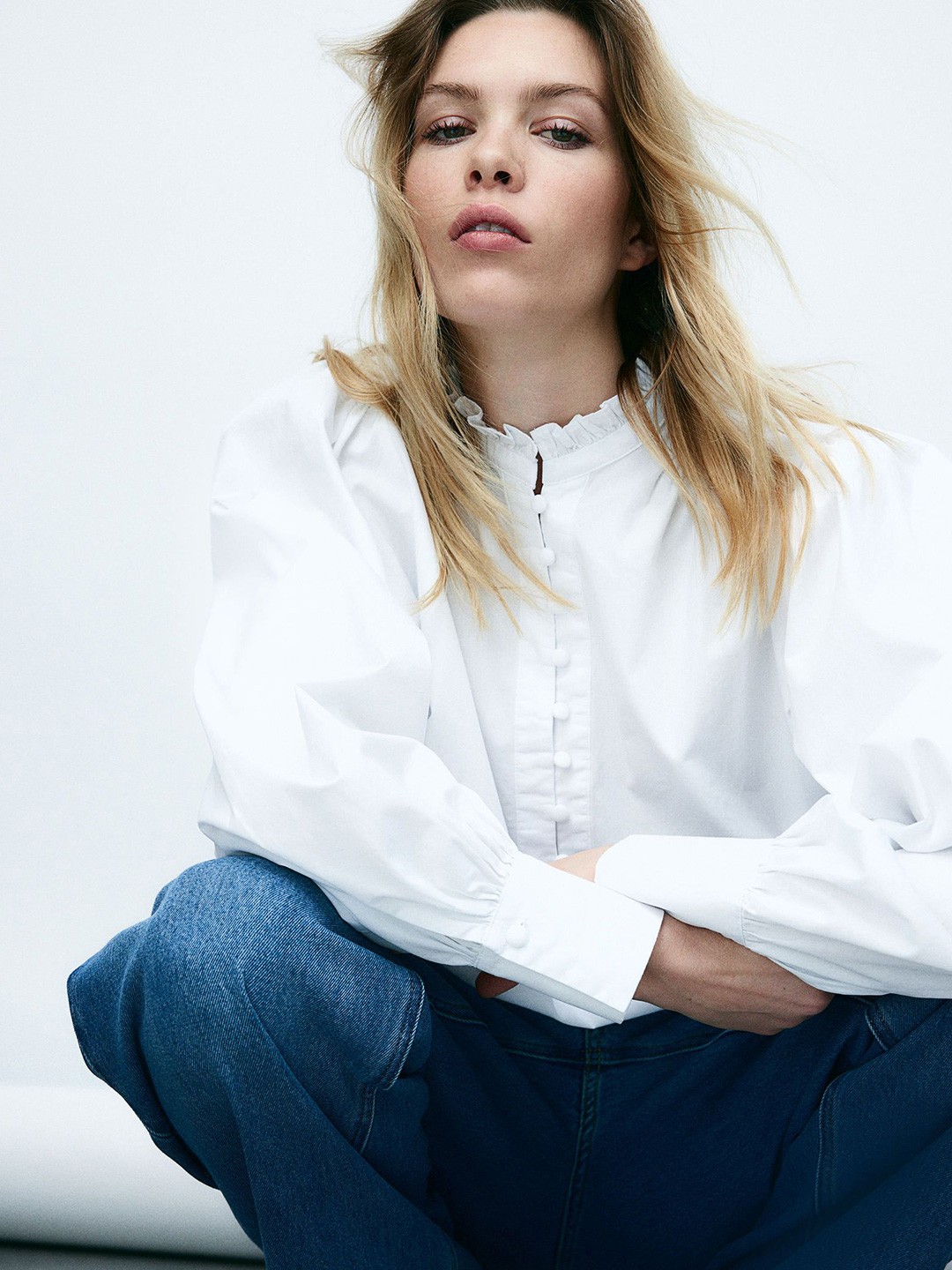

H&M Frilled-Collar Cotton Blouse, White