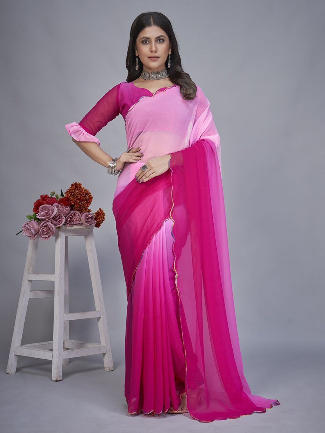 

A TO Z CART Colourblocked Pure Georgette Half and Half Saree, Pink