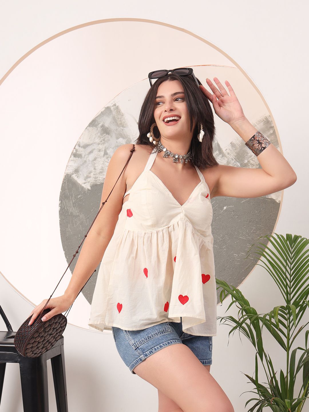 

Mitera Women Embroidered Halter Neck Cotton Empire Top, Cream