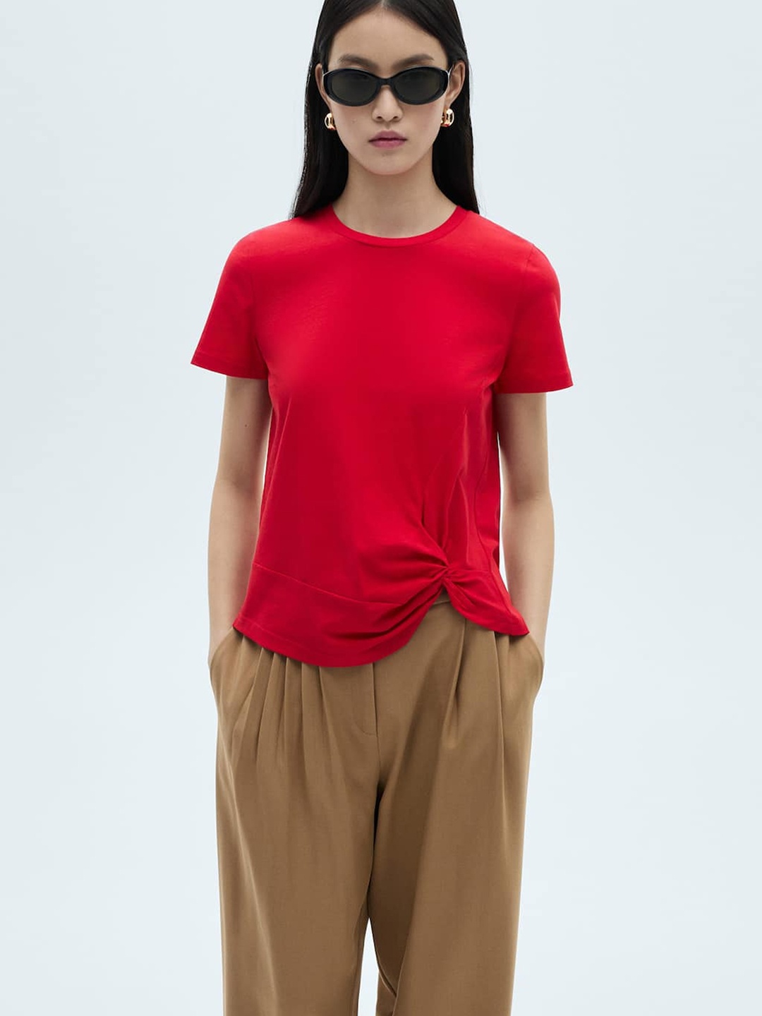 

MANGO Twisted Detail Pure Cotton T-shirt, Red