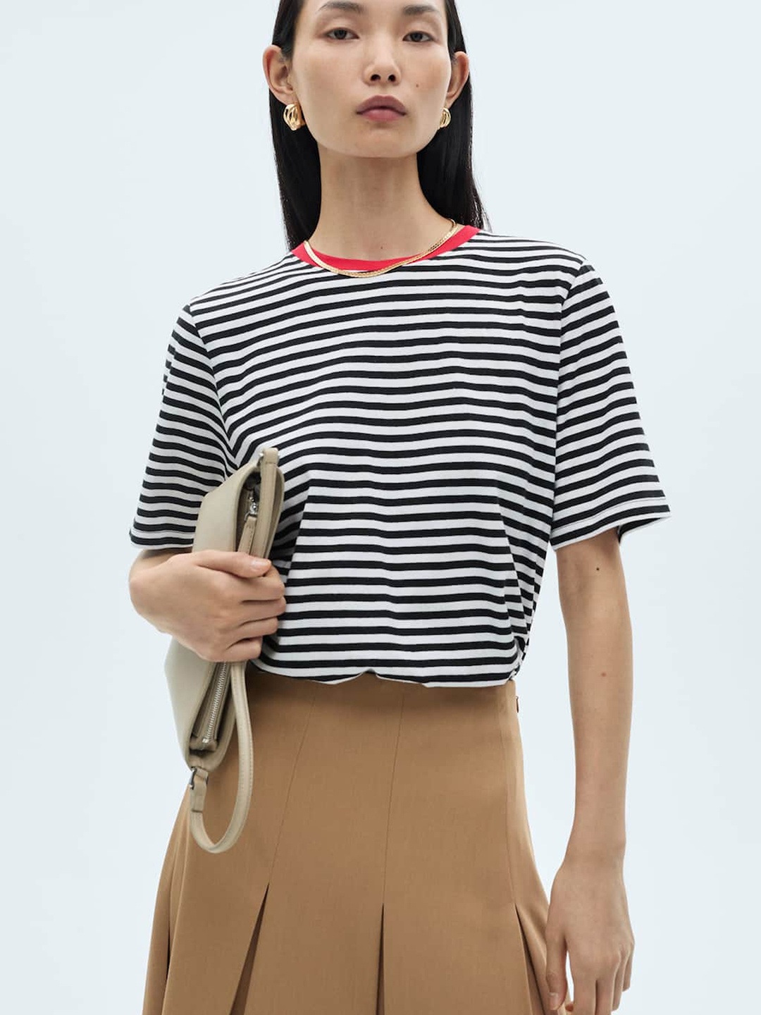 

MANGO Striped Monochrome Pure Cotton T-shirt, Black