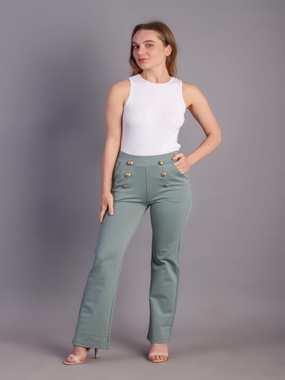 

HIGH BUY Women Comfort High-Rise Cotton Bootcut Trouser, Green