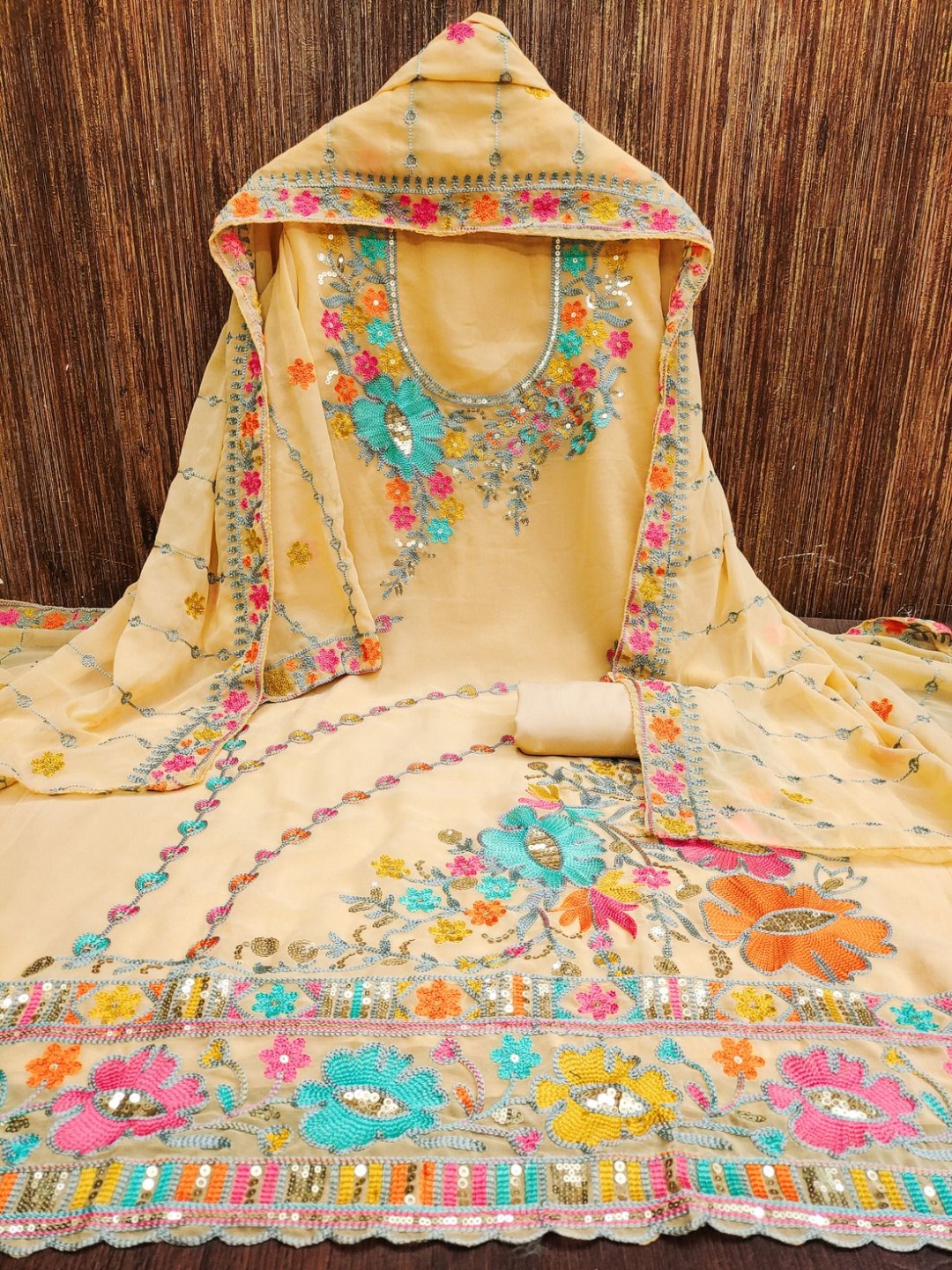 

A TO Z CART Floral Embroidered Sequinned Silk Georgette Unstitched Dress Material, Beige