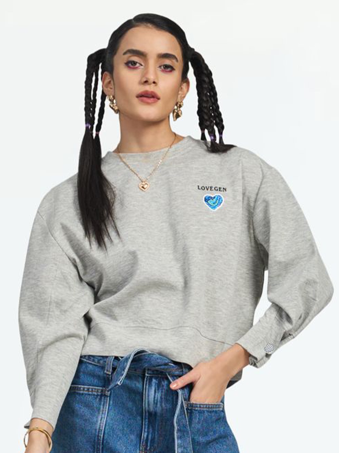 

LOVEGEN Women Grey Pullover Cropped Sweatshirt