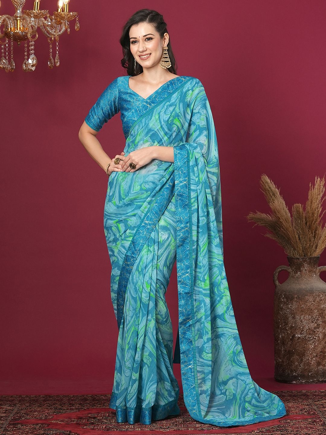 

Mitera Printed Pure Georgette Saree With Blouse Piece, Blue