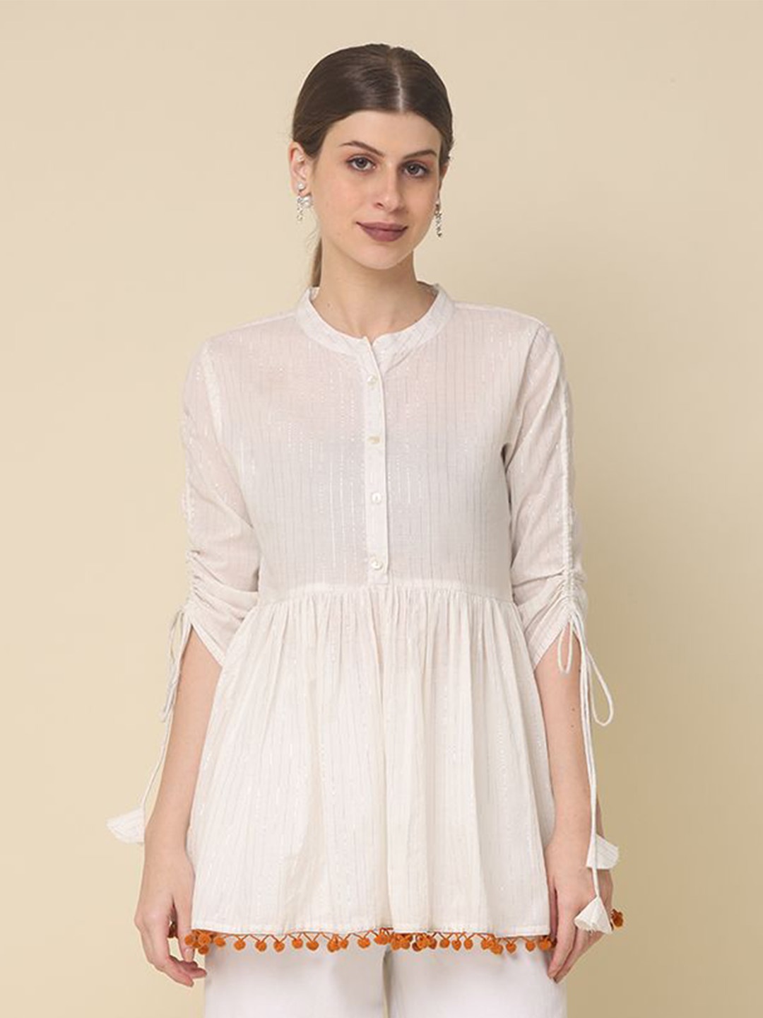 

all about you Women Striped Ethnic Cotton Shirt Style Top, White
