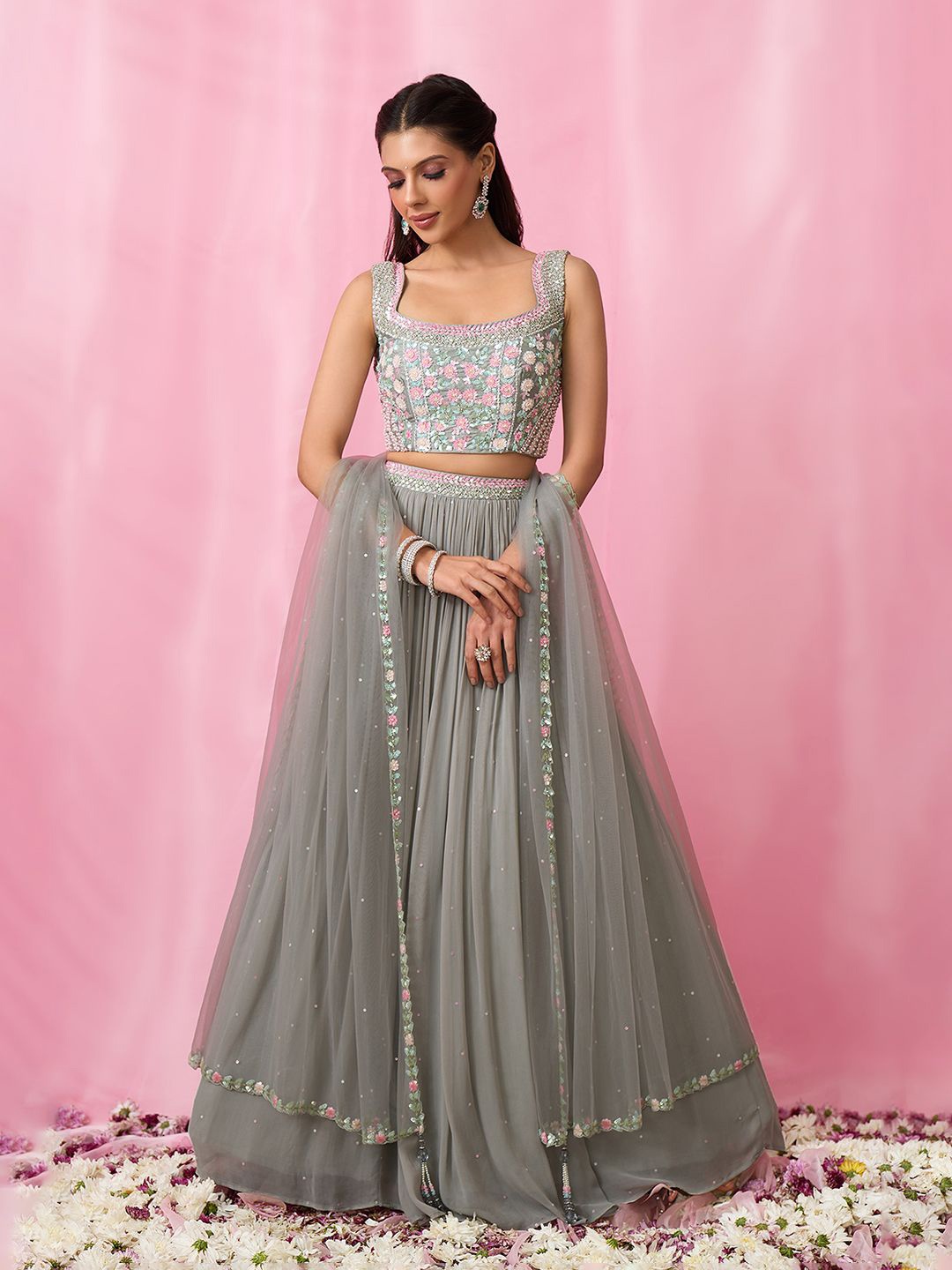 

Alaya Advani Embellished Sequinned Organza Ready to Wear Lehenga & Blouse With Dupatta, Grey