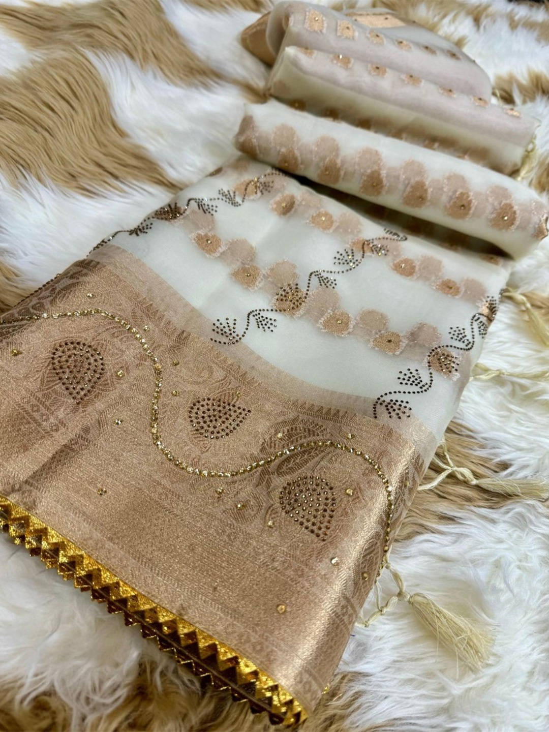 

DIVASTRI Woven Design Beads and Stones Organza Banarasi Saree, Cream