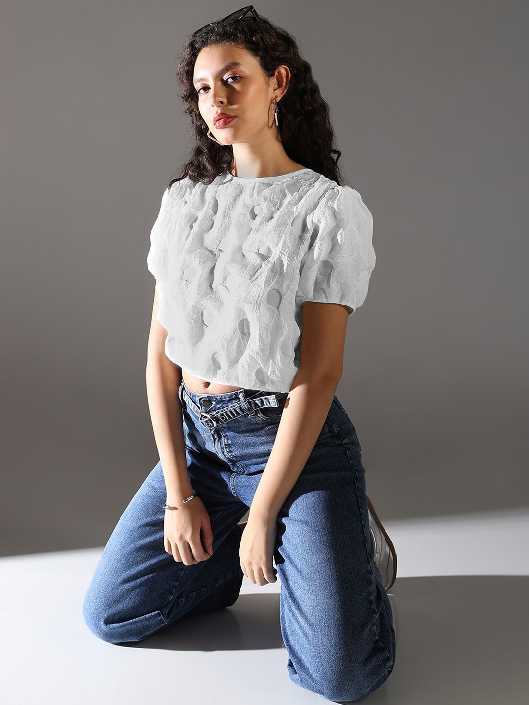 

SHOWOFF Puff Sleeve Chiffon Crop Top, White