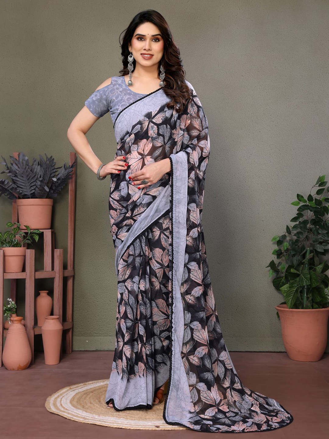 

yourwish Floral Pure Georgette Block Print Saree, Pink