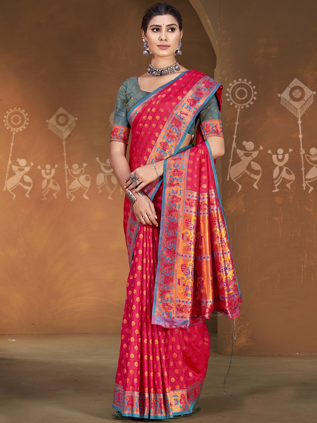 

SANGAM PRINTS Woven Design Zari Banarasi Saree, Pink