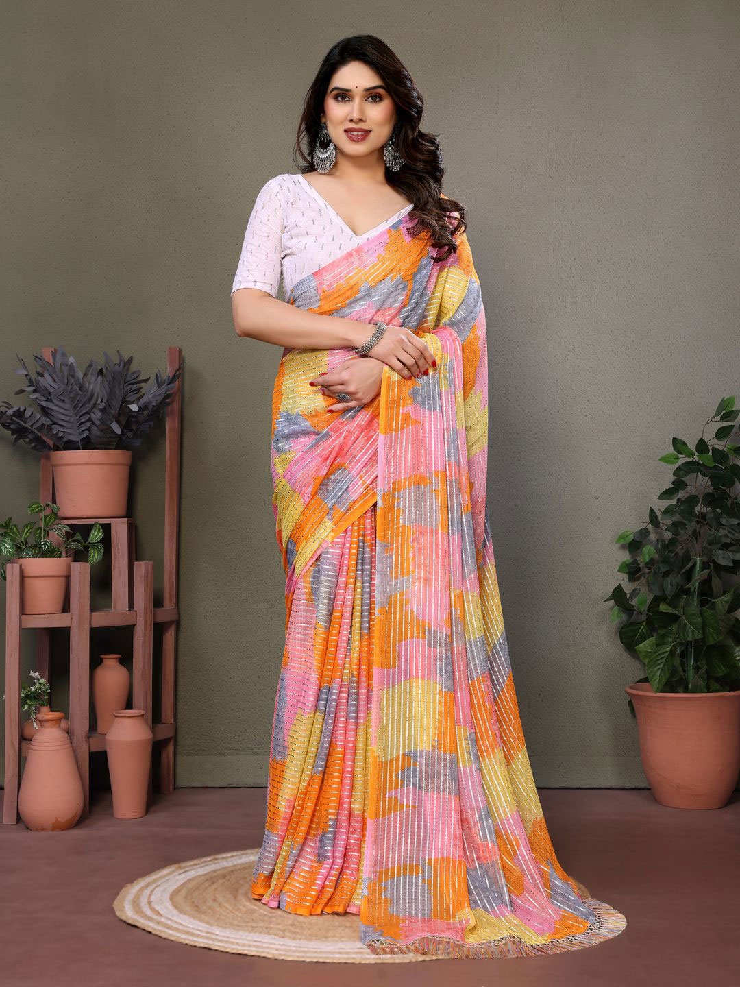 

yourwish Colourblocked Embroidered Pure Georgette Block Print Saree, Pink