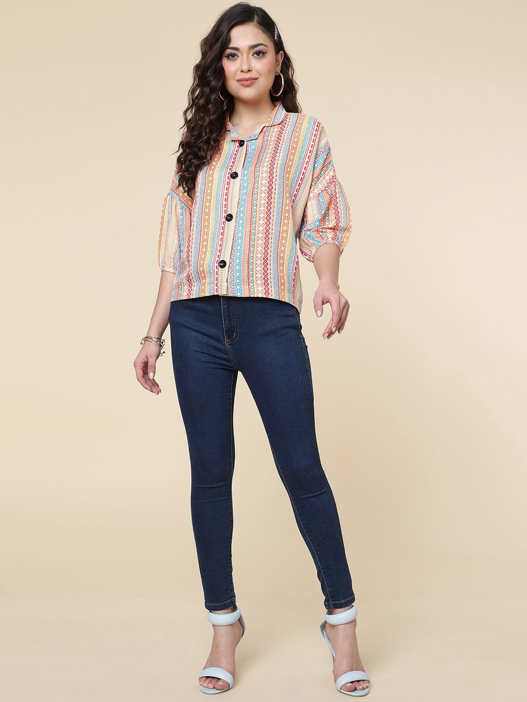 

FASHVERSE Print Extended Sleeves Crepe Shirt Style Crop Top, Orange
