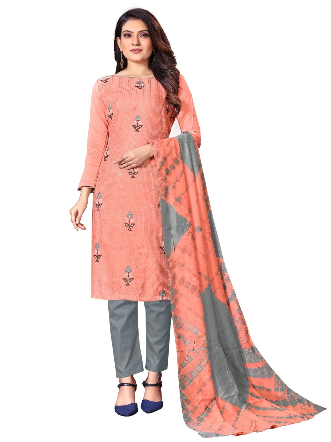 

A TO Z CART Floral Embroidered Sequinned Unstitched Dress Material, Peach