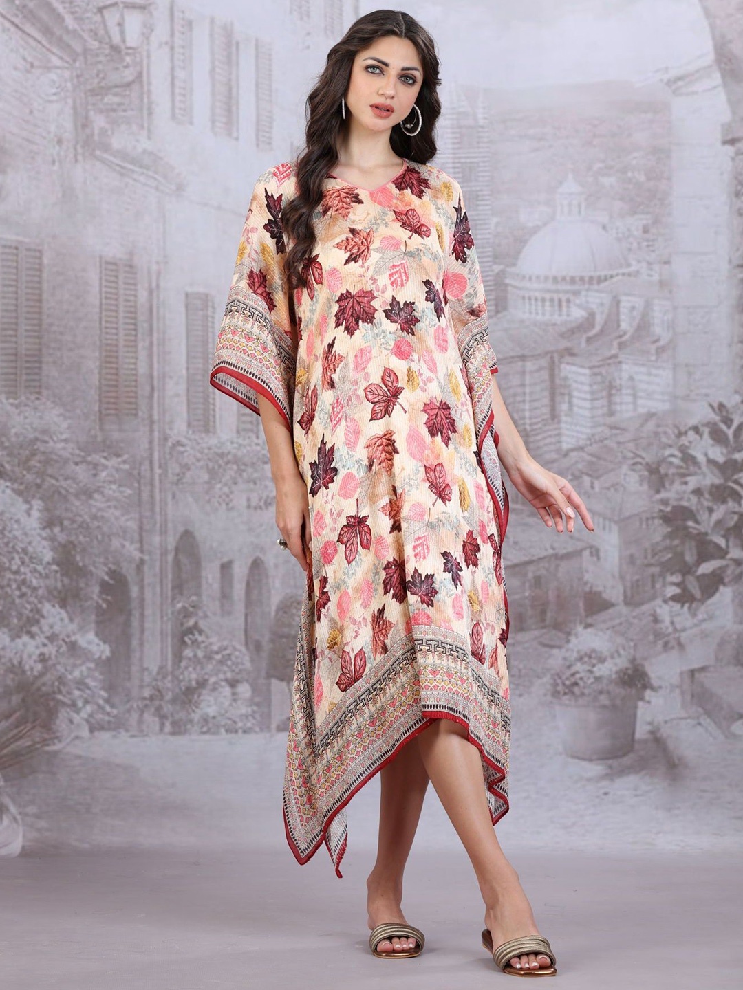 

FREYAA Women Printed Kaftan Midi Dress, White