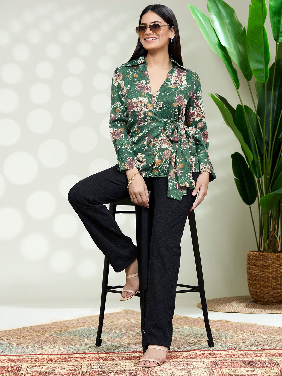 

FREYAA Women Shirt Collar Wrap Top, Green