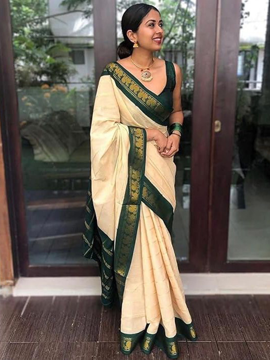 

A TO Z CART Woven Design Zari Pure Silk Saree, Cream