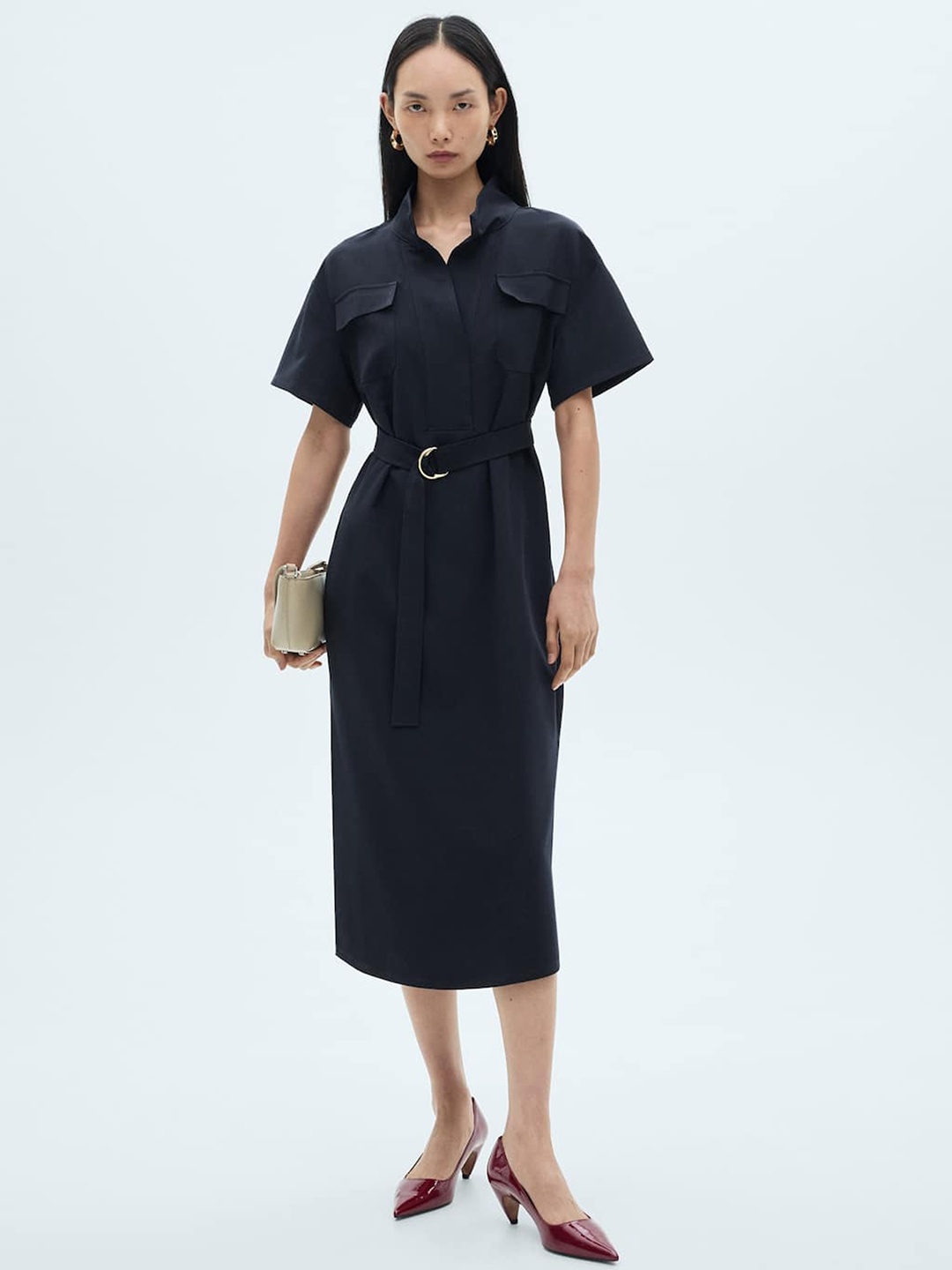 

MANGO Shirt Midi Dress with Belt, Navy blue