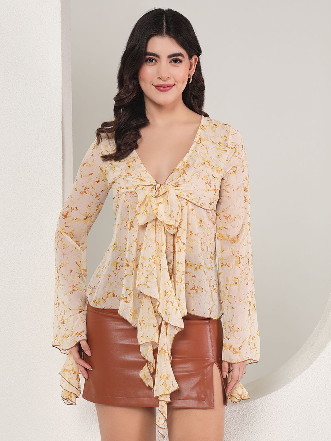 

TANDUL Printed Flared Sleeve Georgette Top, Beige