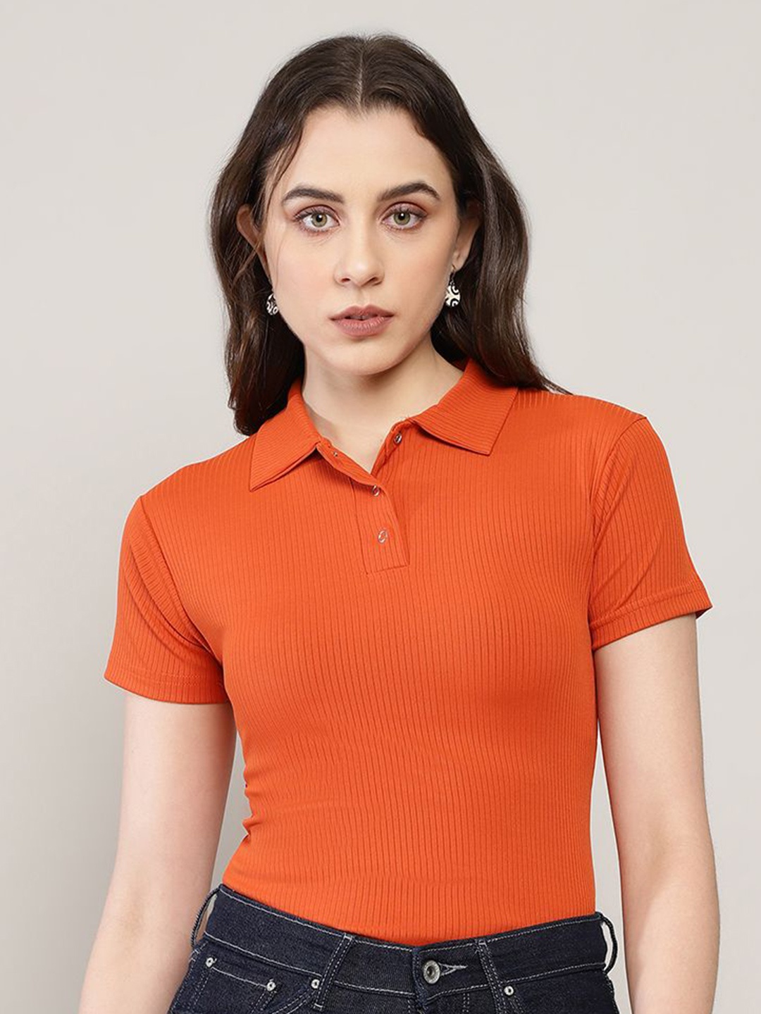 

AVANOVA Shirt Collar Fitted Top, Orange