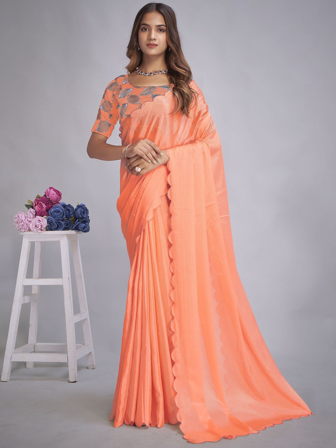 

A TO Z CART Sequinned Pure Chiffon Saree, Orange