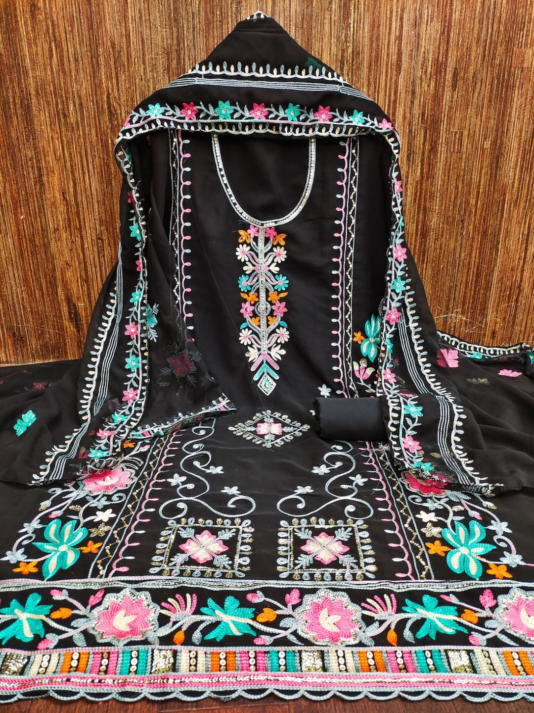 

A TO Z CART Floral Embroidered Sequinned Silk Georgette Unstitched Dress Material, Black
