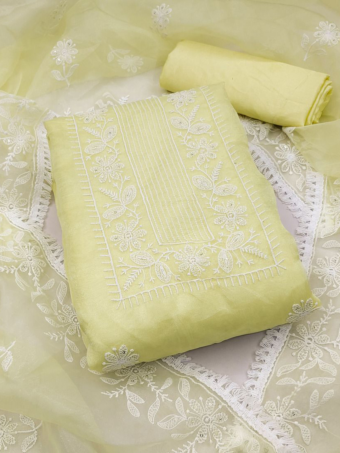 

A TO Z CART Floral Embroidered Sequinned Organza Unstitched Dress Material, Yellow