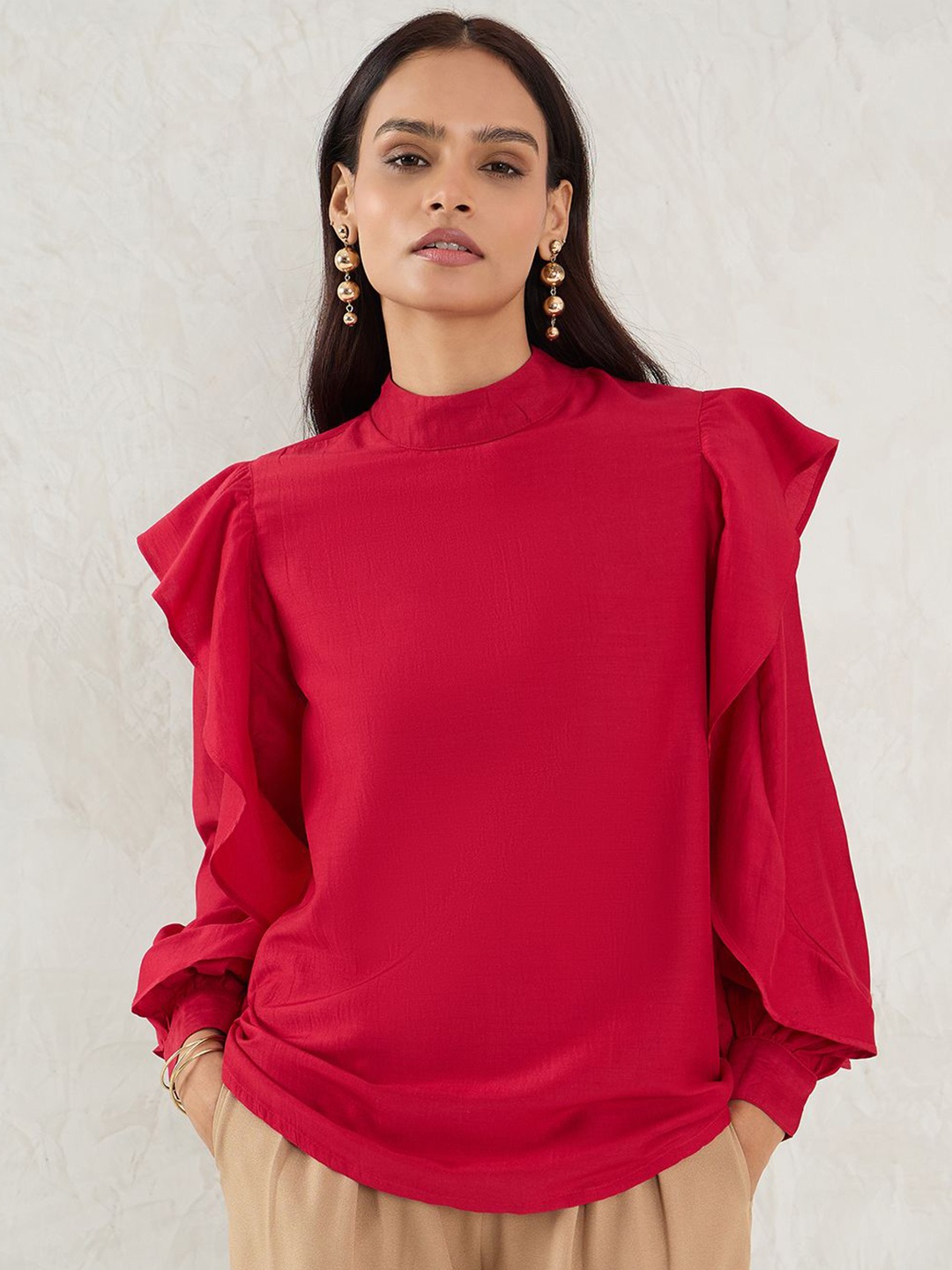 

FEMMELLA Women Cotton Ruffles High Neck Cuffed Sleeves Top, Red