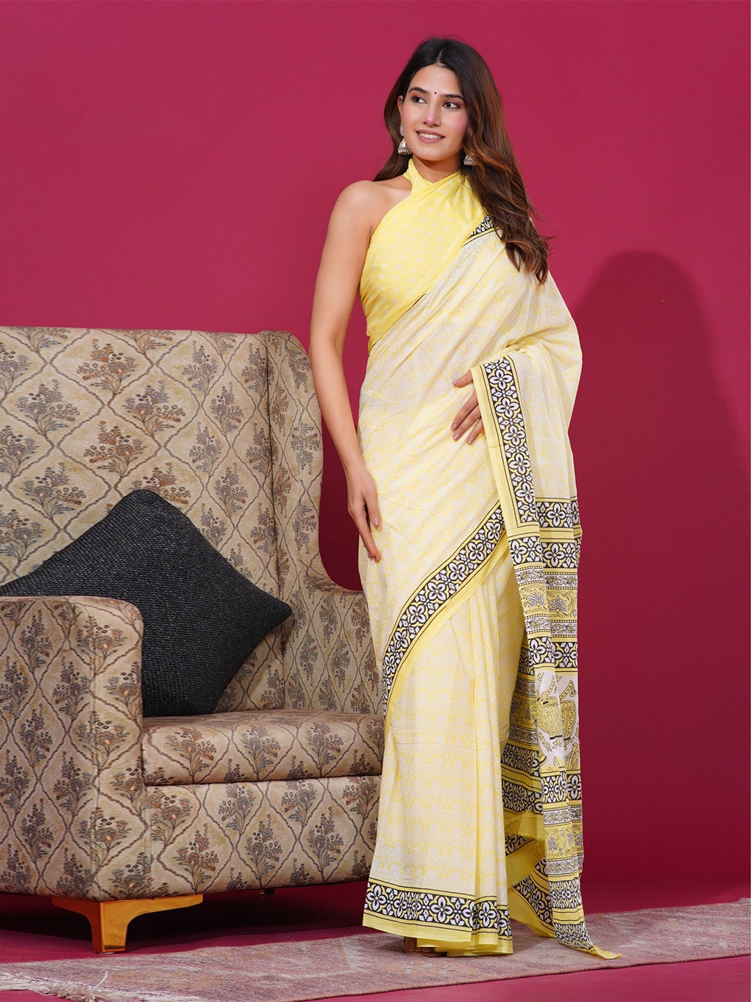 

Shivanya Handicrafts Floral Pure Cotton Block Print Saree, Yellow