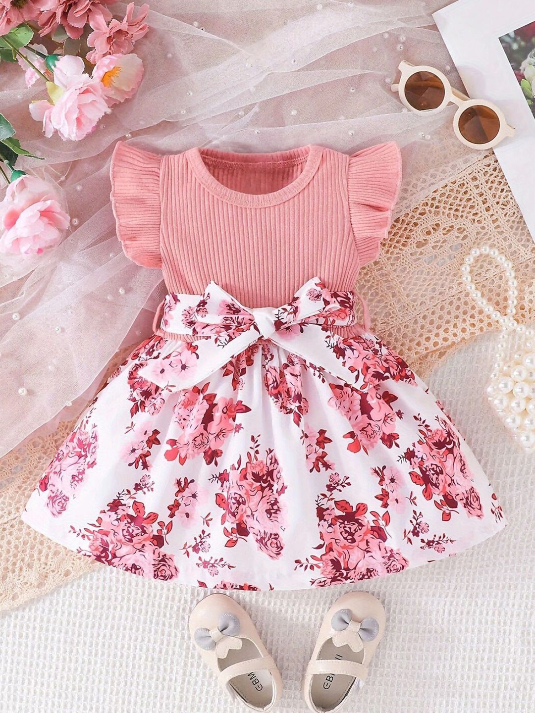 

YK Girls Floral Printed Flutter Sleeves Fit & Flare Dress, Pink