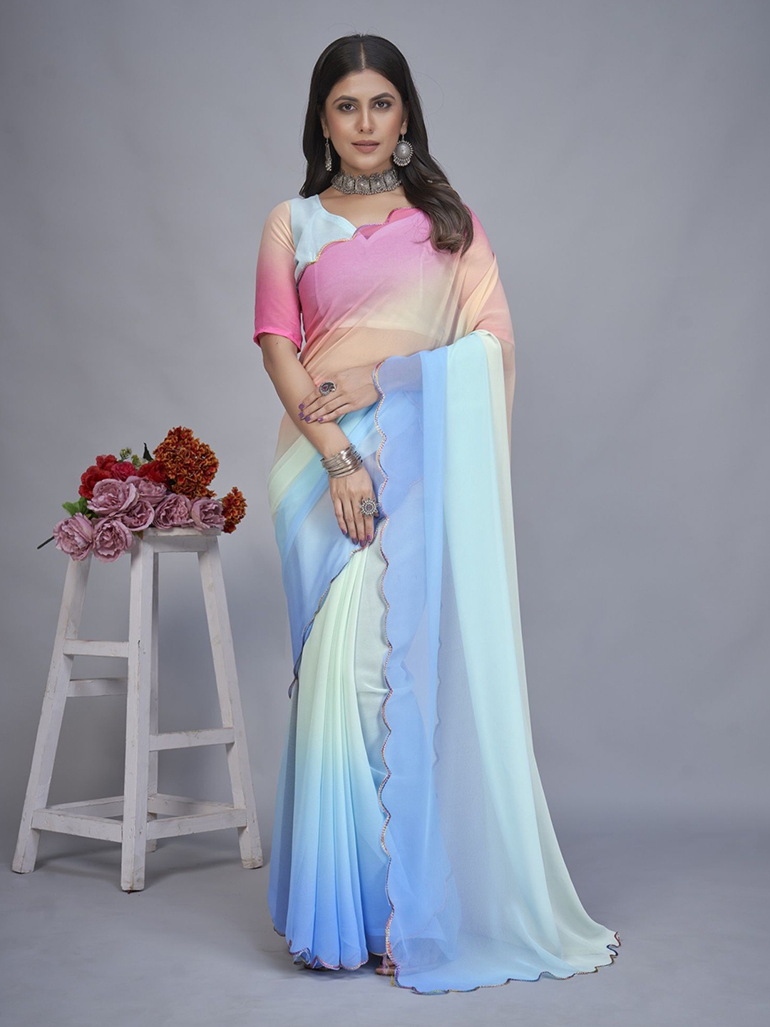 

A TO Z CART Ombre Embroidered Pure Georgette Saree, Turquoise blue