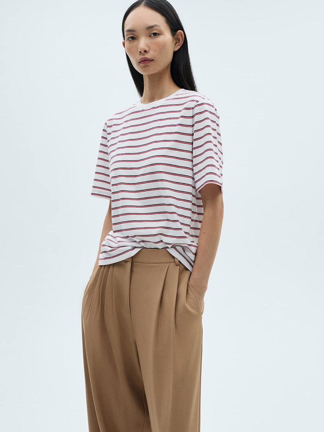 

MANGO Striped Drop-Shoulder Sleeve T-shirt, White