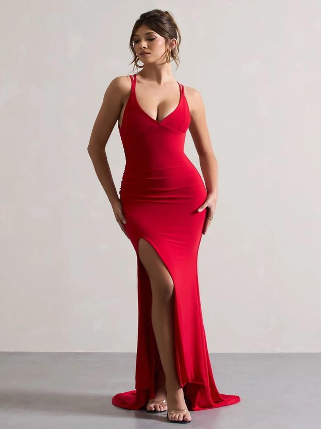 

TRAQUILA Women Cut-Outs Backless Bodycon Maxi Dress, Red