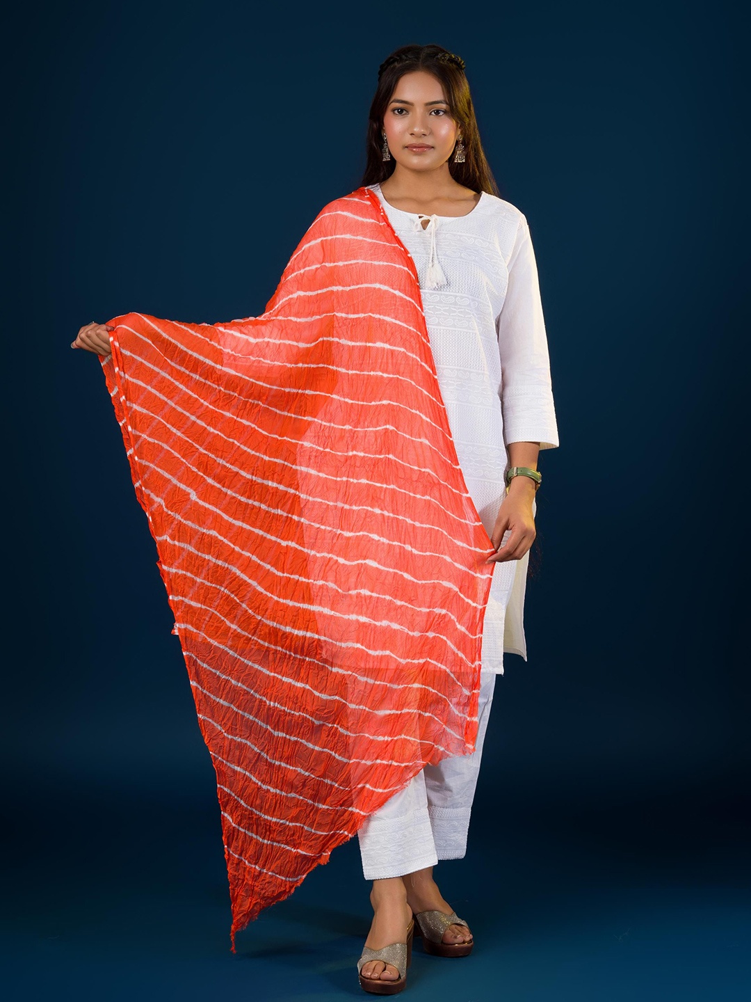 

KCPC BANDHANI Leheriya Dyed Chiffon Dupatta, Orange