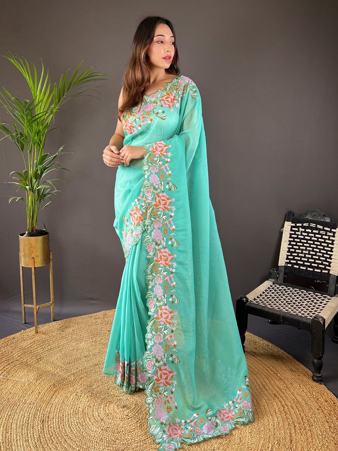 

LeeliPeeri Designer Embroidered Saree, Turquoise blue