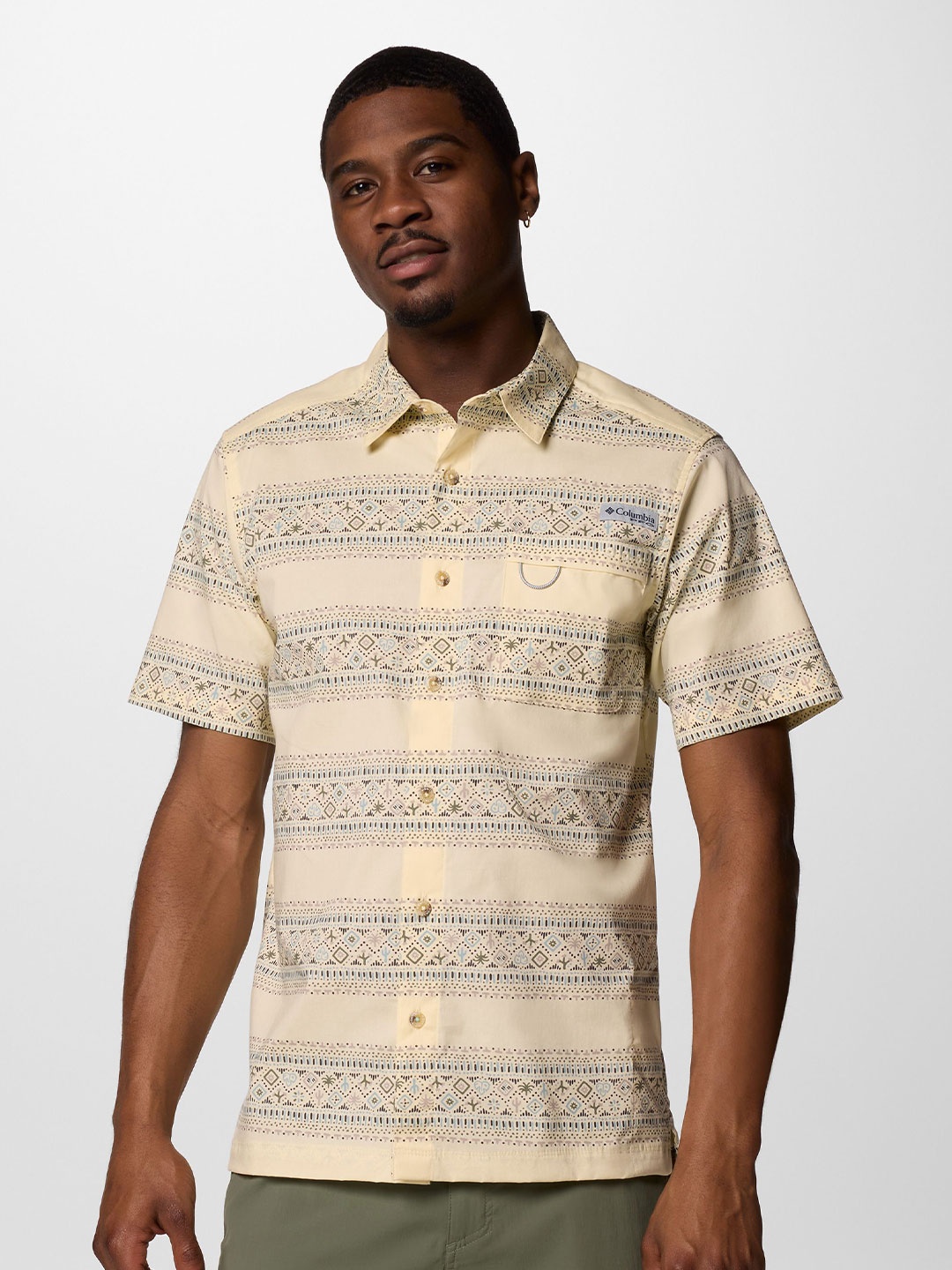 

Columbia Men Classic Slim Fit Spread Collar Geometric Printed Cotton Casual Shirt, Beige