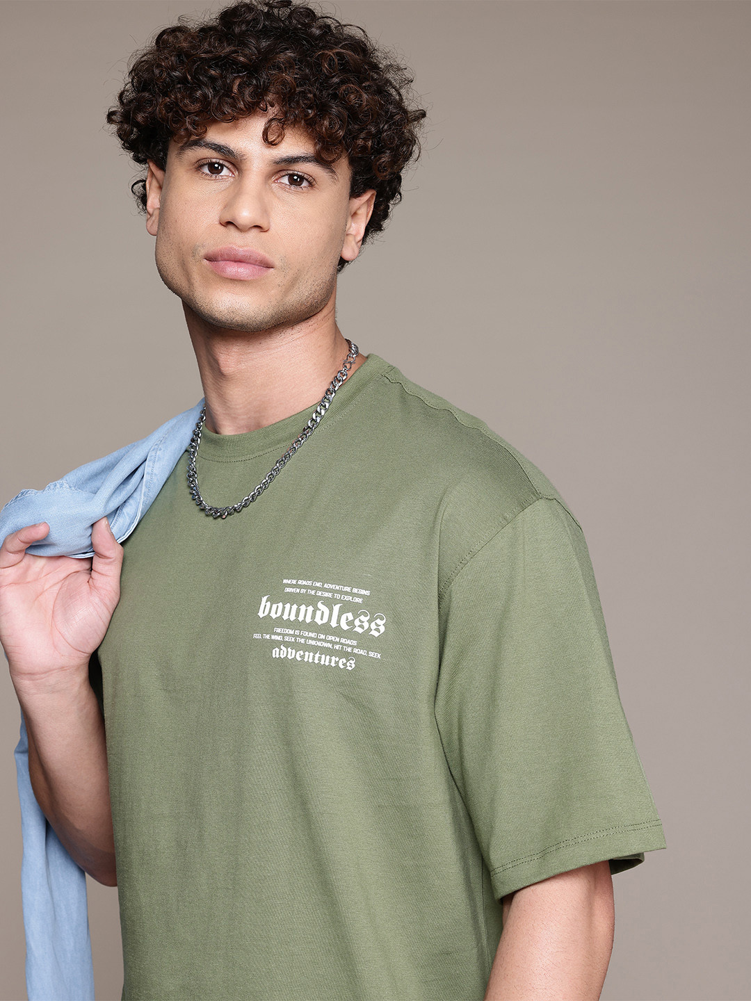 

The Roadster Lifestyle Co. Printed Drop-Shoulder Sleeves Pure Cotton Relaxed T-shirt, Olive