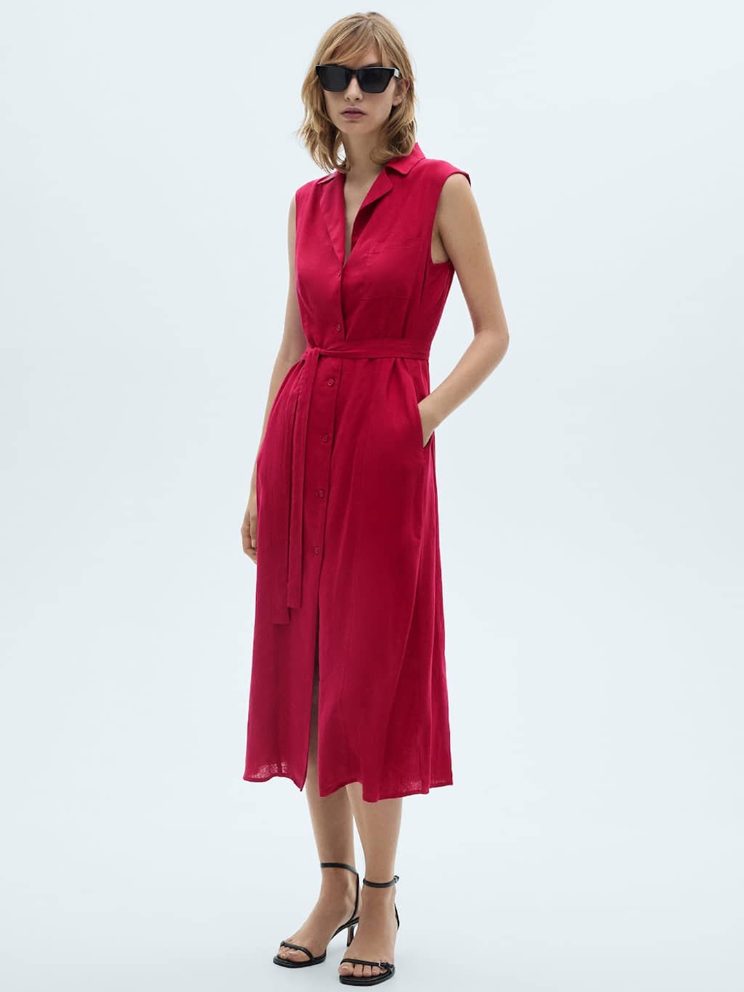 

MANGO Belted Shirt Midi Dress, Red