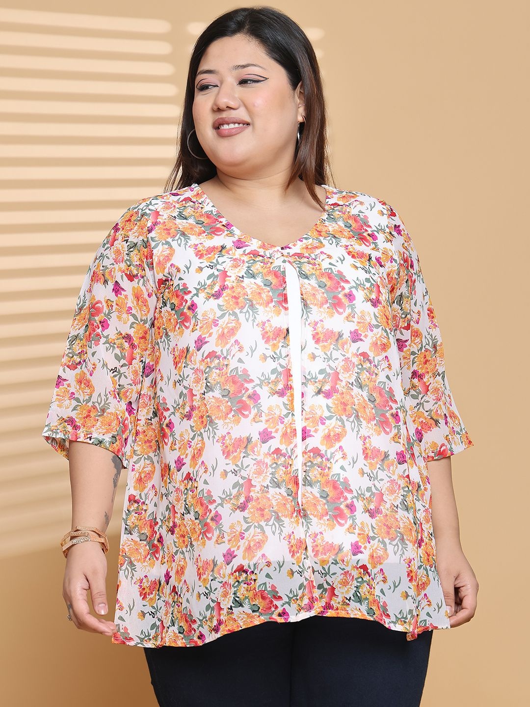 

theRebelinme Women Plus Size Floral Printed Cotton Top, Orange