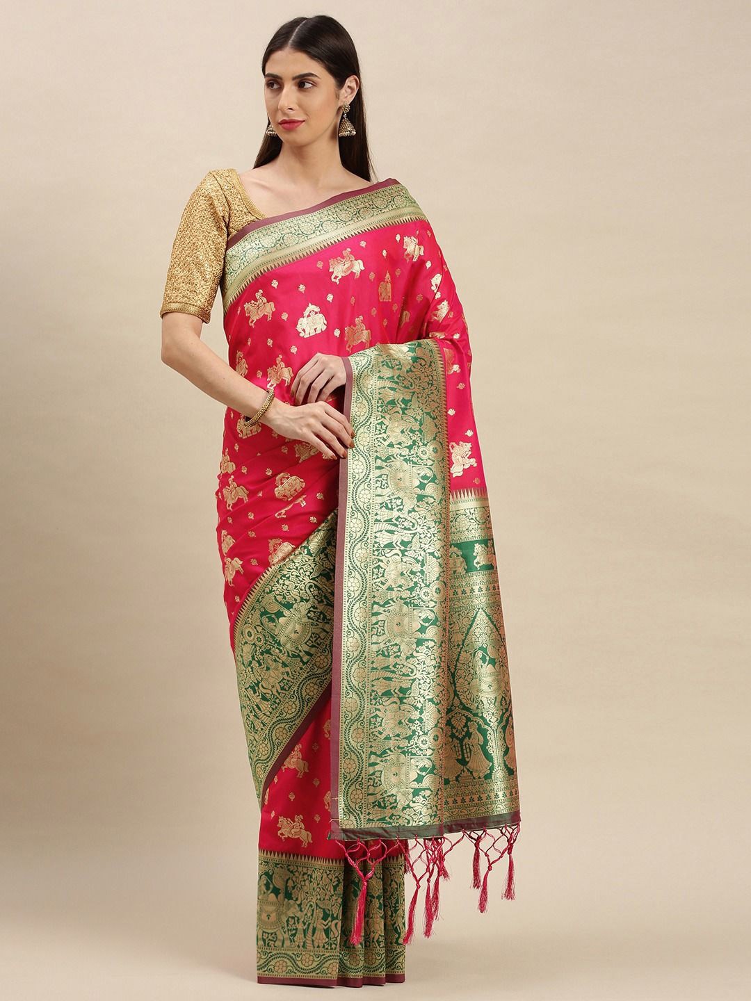 

flaher Floral Woven Design Zari Banarasi Saree, Pink