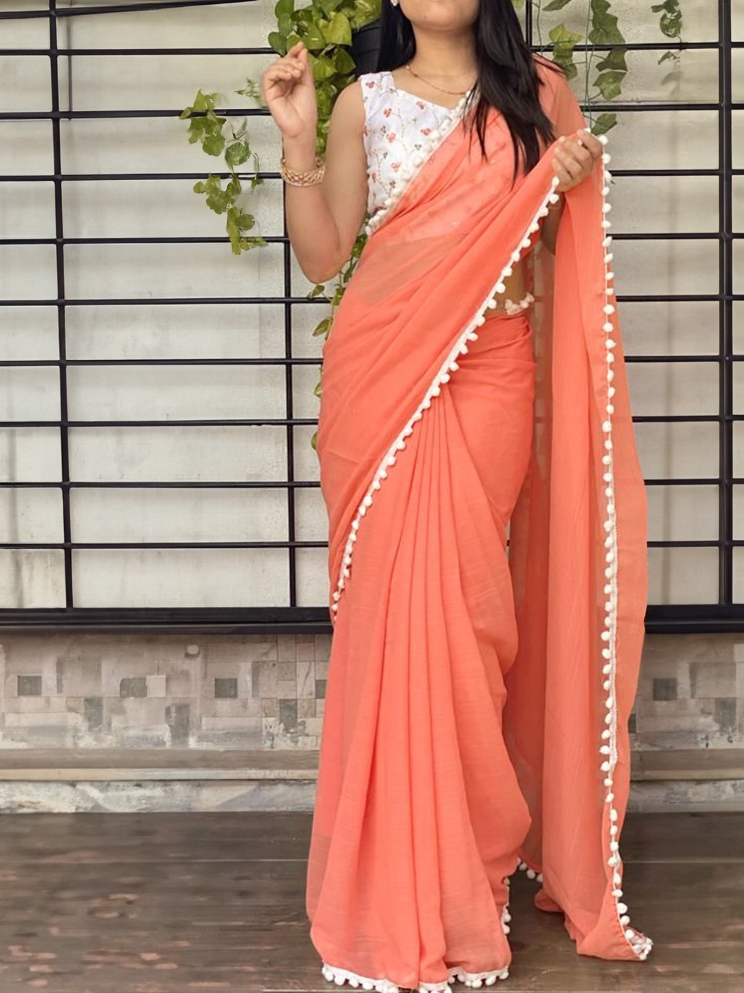 

BAESD Solid Pure Georgette Maheshwari Saree, Orange