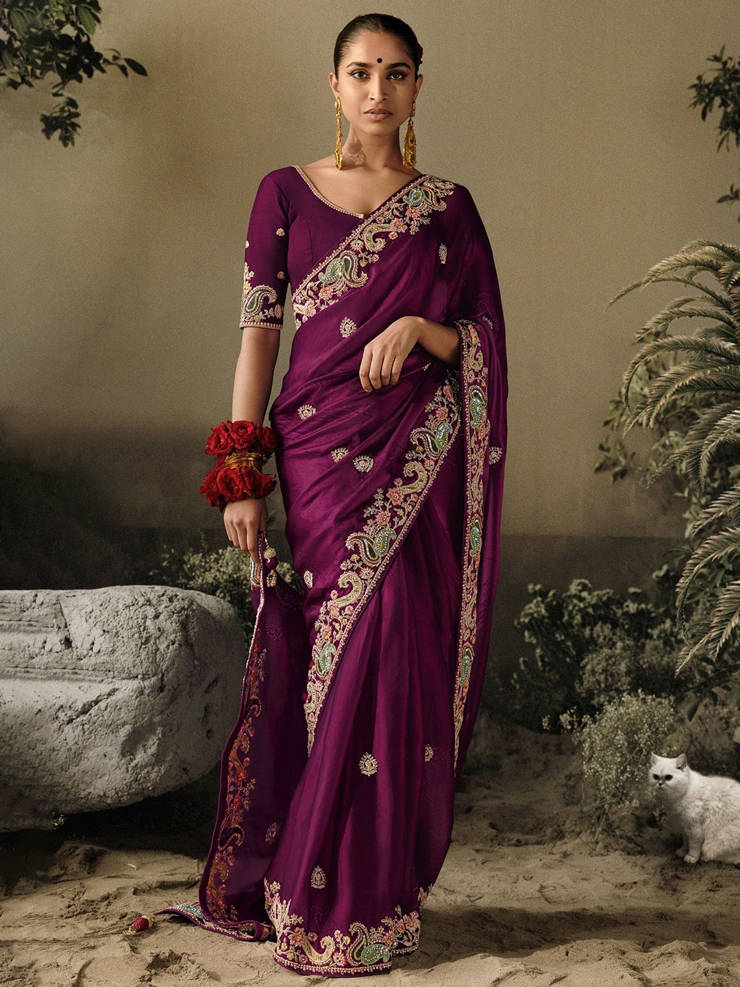 

MAHALASA Paisley Embroidered Pure Silk Saree, Purple