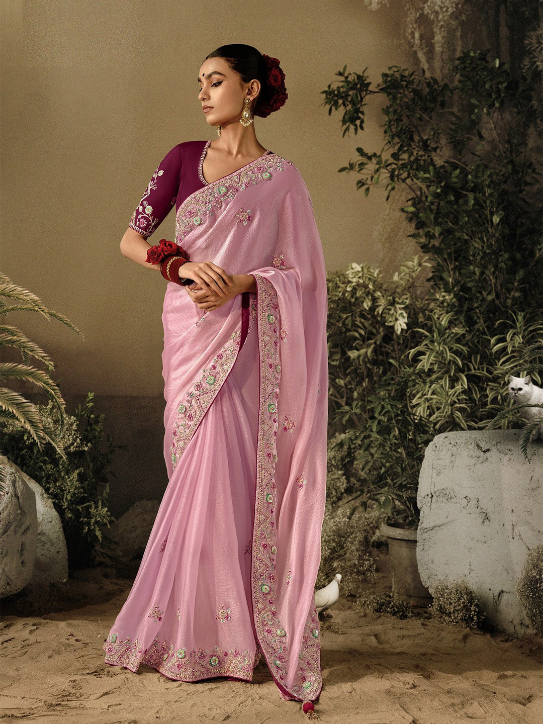 

MAHALASA Sequinned Pure Silk Embroidery Work Saree, Pink