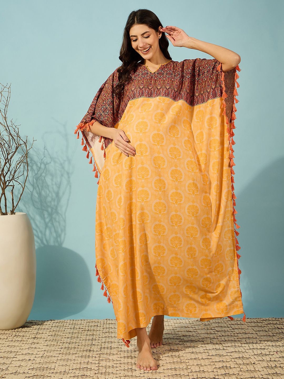 

The Kaftan Company Printed Maxi Maternity Kaftan Nightdress, Yellow